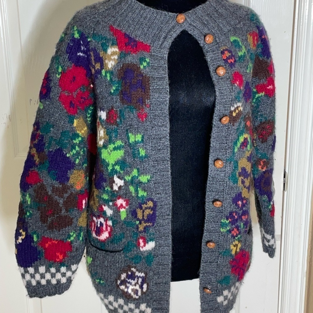 Women's Vintage Gap wool chunky cardigan sweater size L large tapestry button‌‌‌